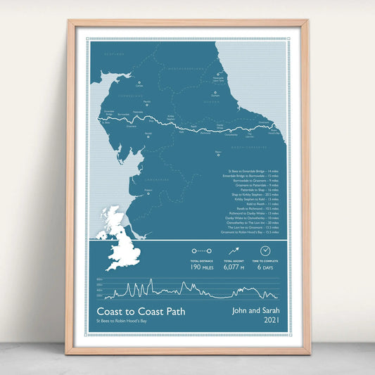 Coast to Coast Path National Trail Personalised Map Art Print in blue from Purest Green Prints