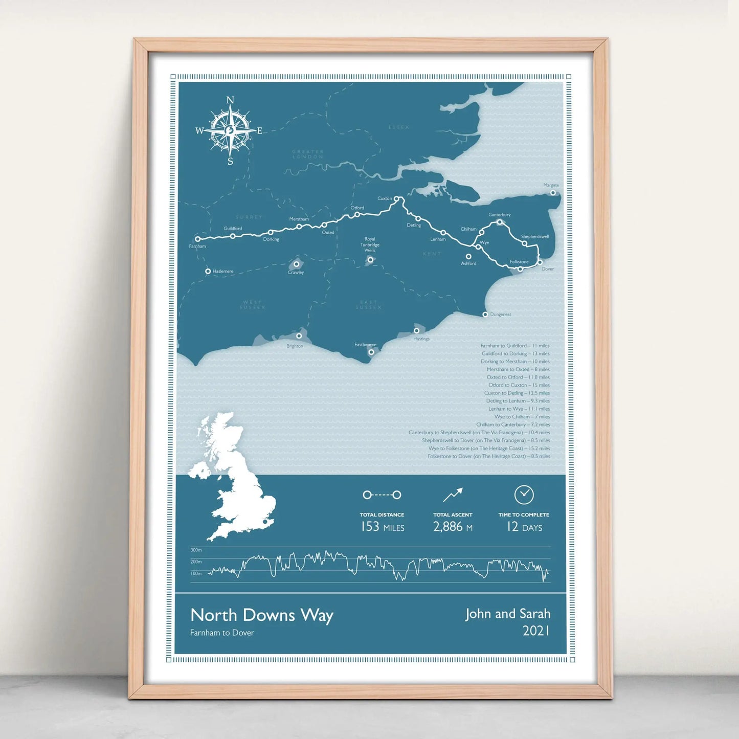 North Downs Way National Trail Personalised Map Art Print in blue from Purest Green Prints