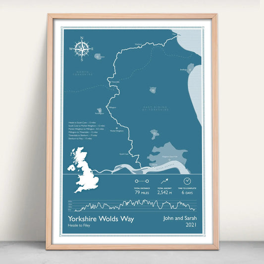 Yorkshire Wolds Way National Trail personalised art print in blue from Purest Green Prints