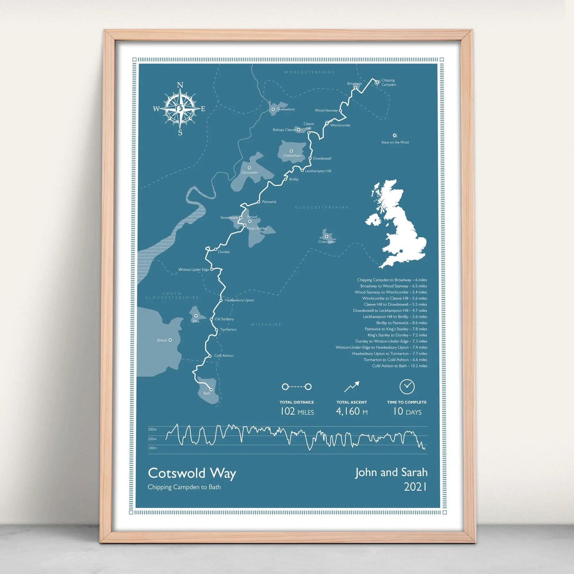 Cotswold Way National Trail Personalised Map Art Print in blue from Purest Green Prints