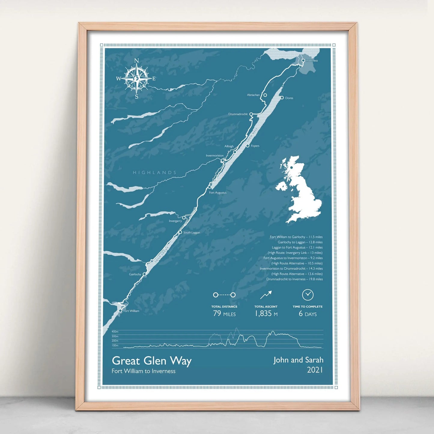 Great Glen Way Scottish Great Trail personalised art print in blue from Purest Green Prints