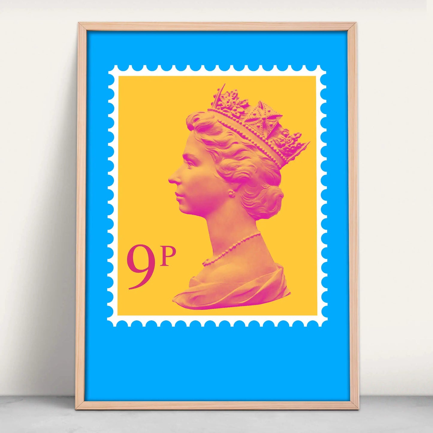 Queen Elizabeth II UK Postage Stamp Art Print in blue and yellow from Purest Green Prints