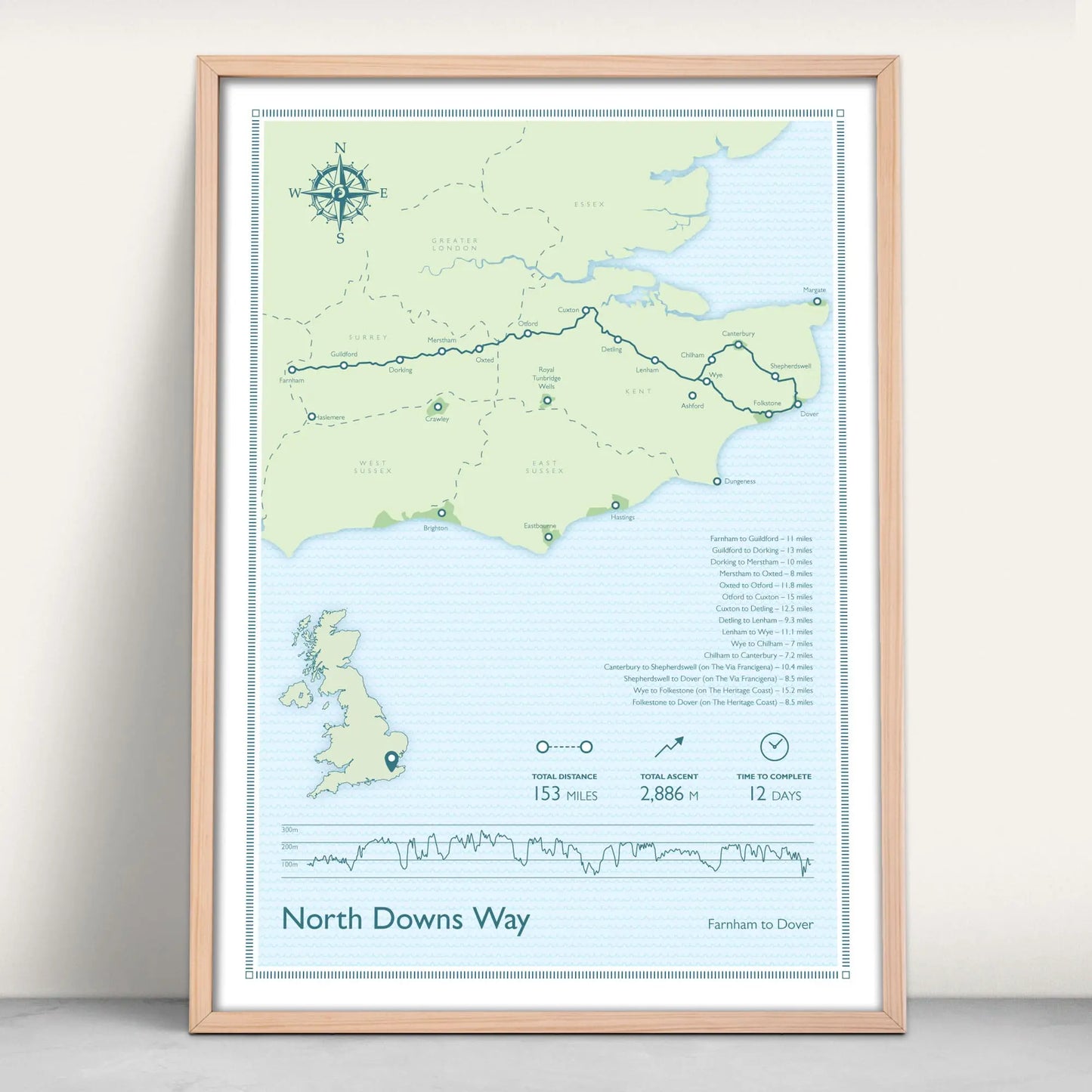 North Downs Way National Trail Personalised Map Art Print in blue and green from Purest Green Prints