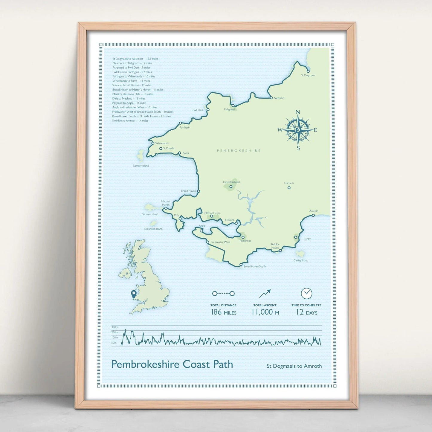 Pembrokeshire Coast Path National Trail Personalised Map Art Print in blue and green from Purest Green Prints