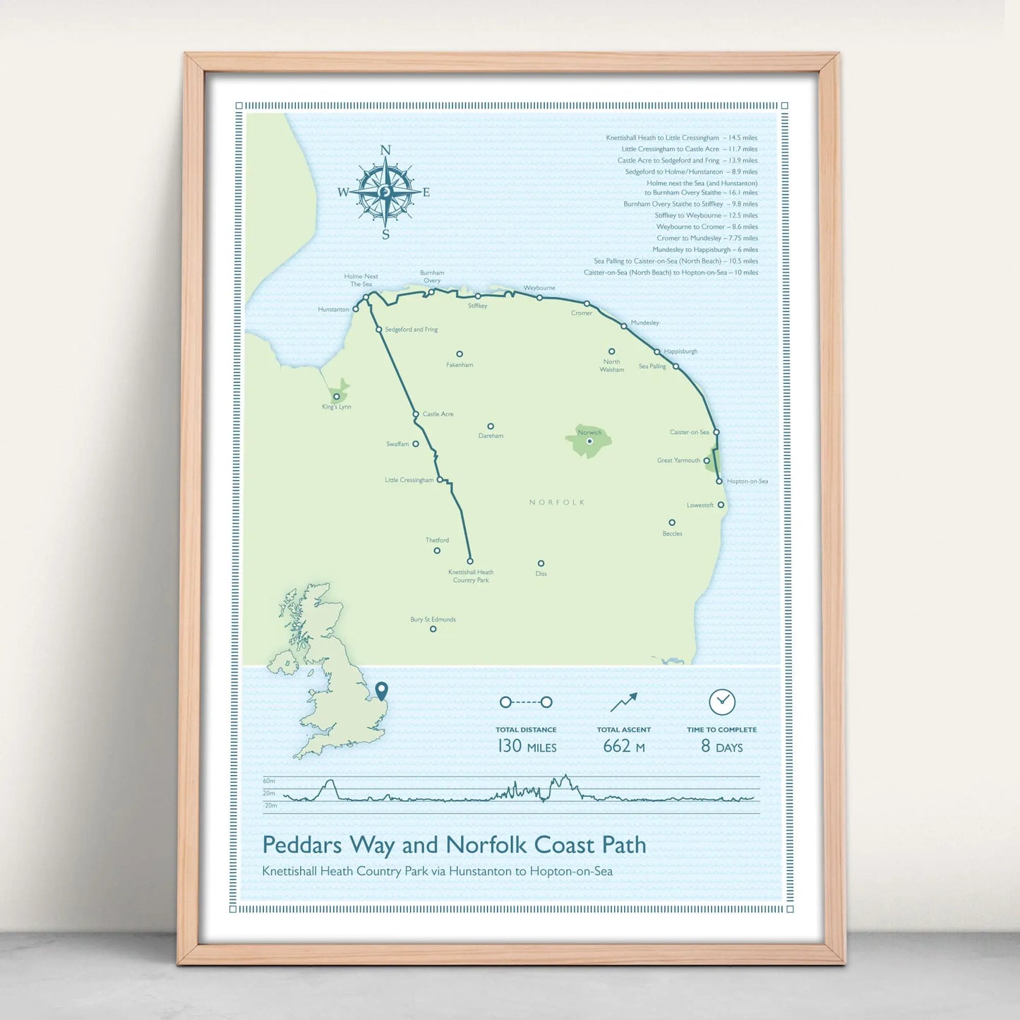 Peddars Way and Norfolk Coast Path National Trail Personalised Map Art Print in blue and green from Purest Green Prints