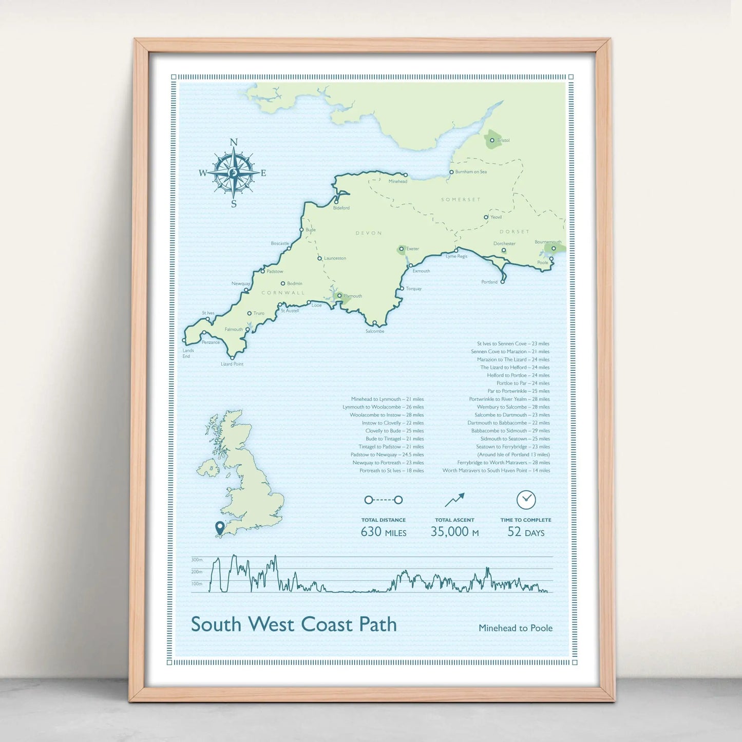 South West Coast Path National Trail Personalised Map Art Print in blue and green from Purest Green Prints