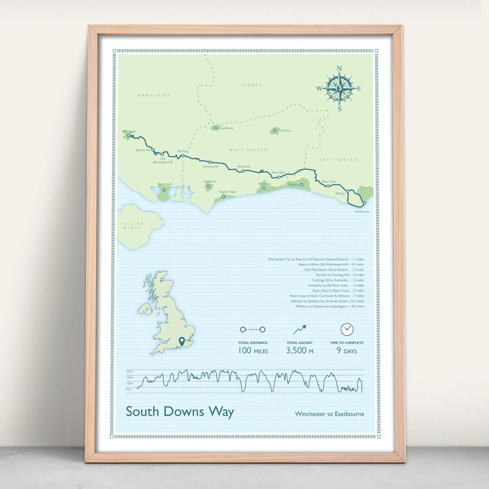 South Downs Way National Trail Map Personalised Art Print in blue and green from Purest Green Prints