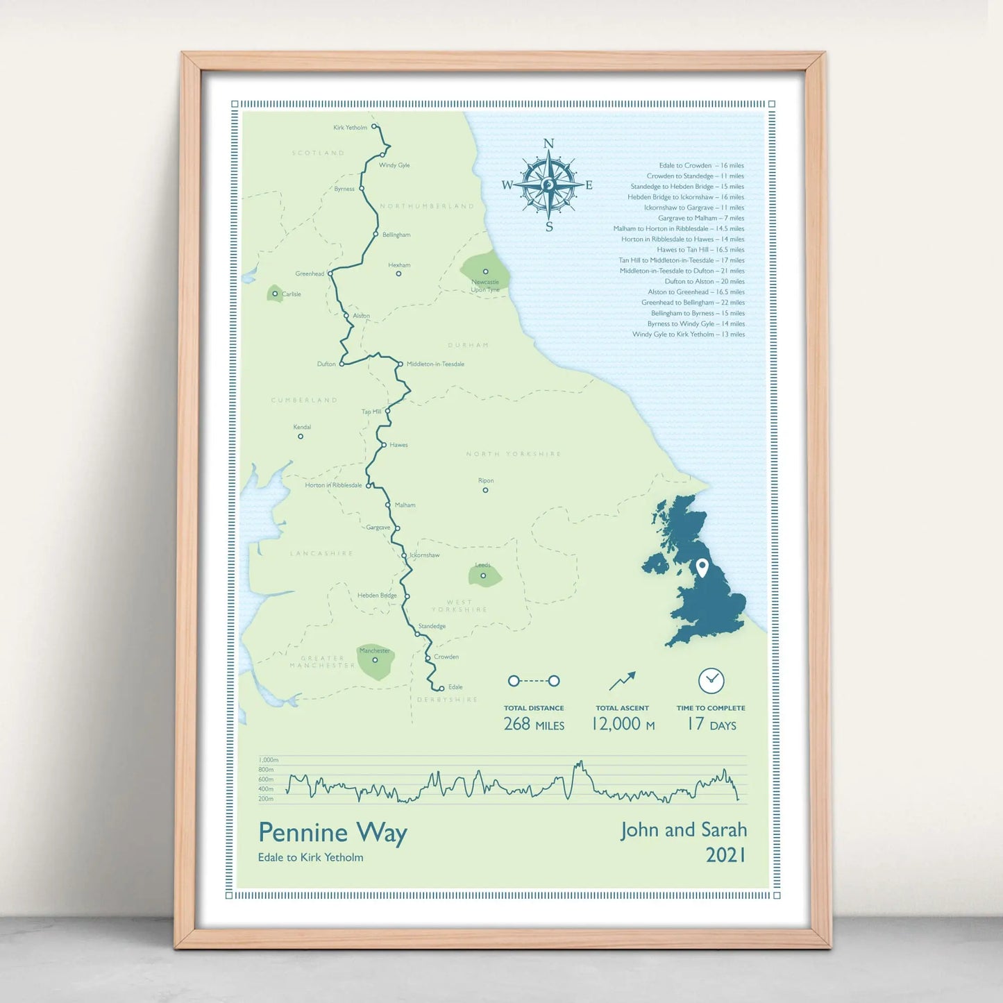 Pennine Way National Trail Personalised Map Art Print in blue and green from Purest Green Prints