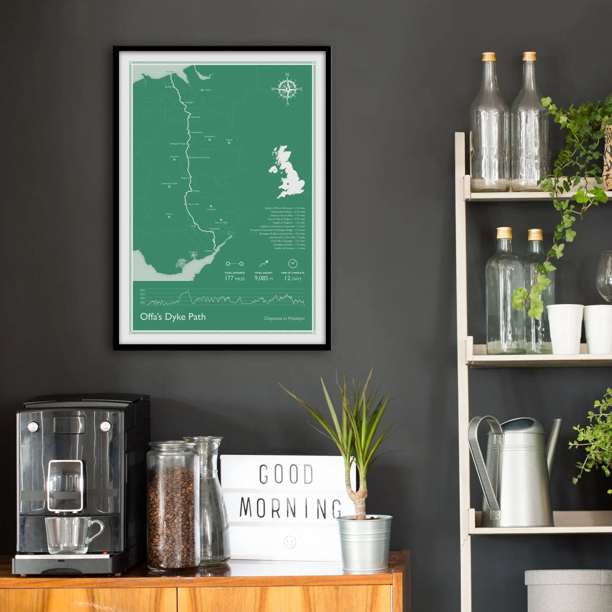 Kitchen wall infront of which is a sideboard with a coffee machine and a set of shelves holding bottles and plants. On the wall above the sideboard is the framed print in a black frame on a dark grey wall.