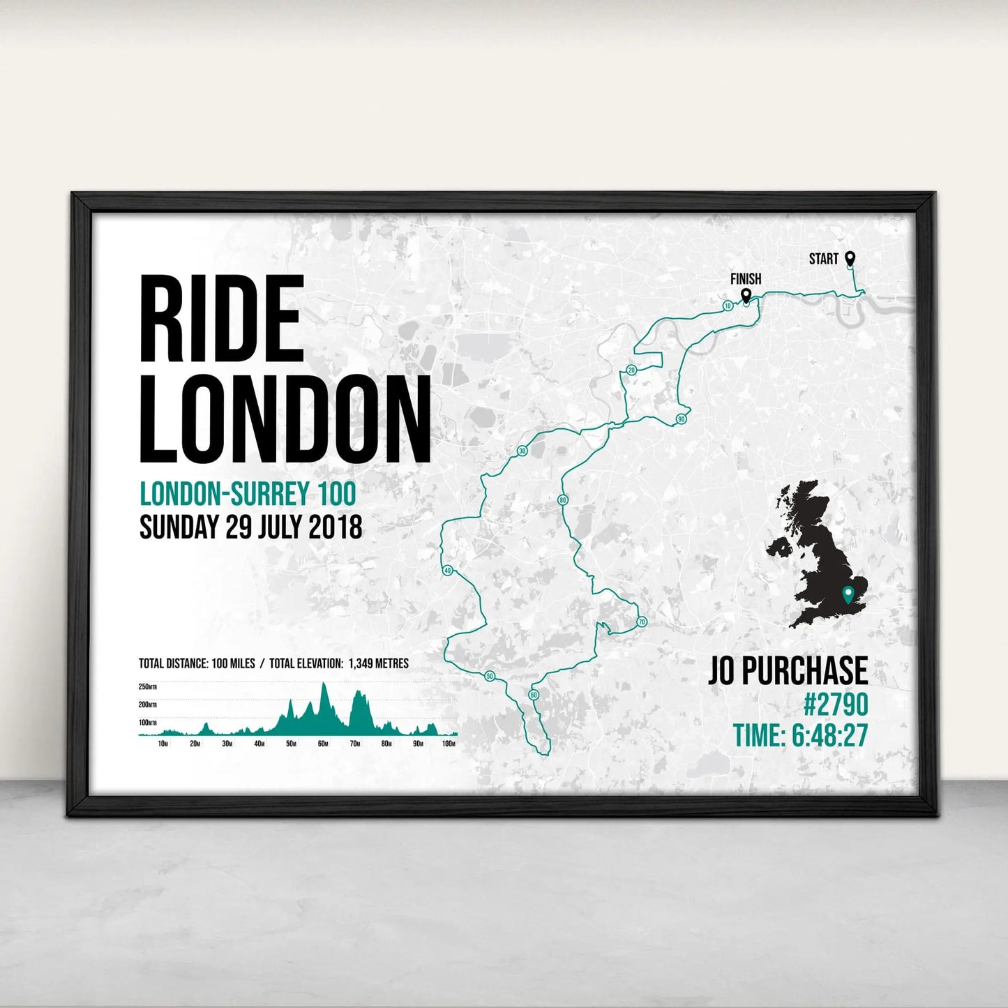 Personalised Ride London-Surrey 100 Art Print in green from Purest Green Prints