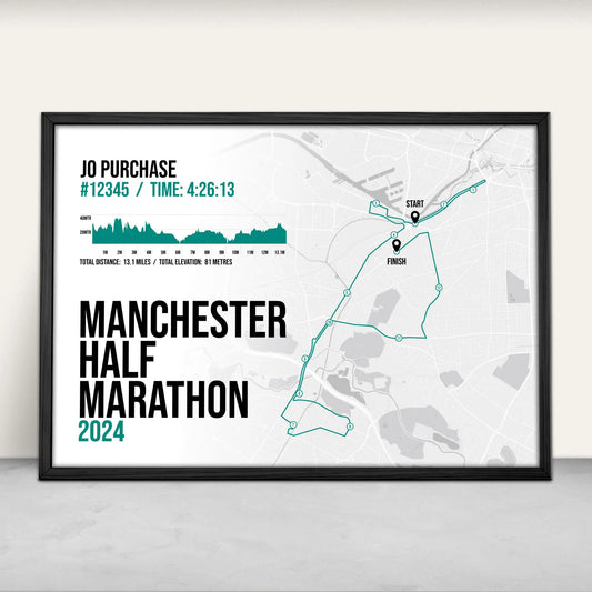 Personalised Manchester Half Marathon Art Print in green from Purest Green Prints.