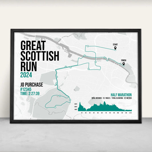 Personalised Great Scottish Run Half Marathon route map print in green from Purest Green Prints