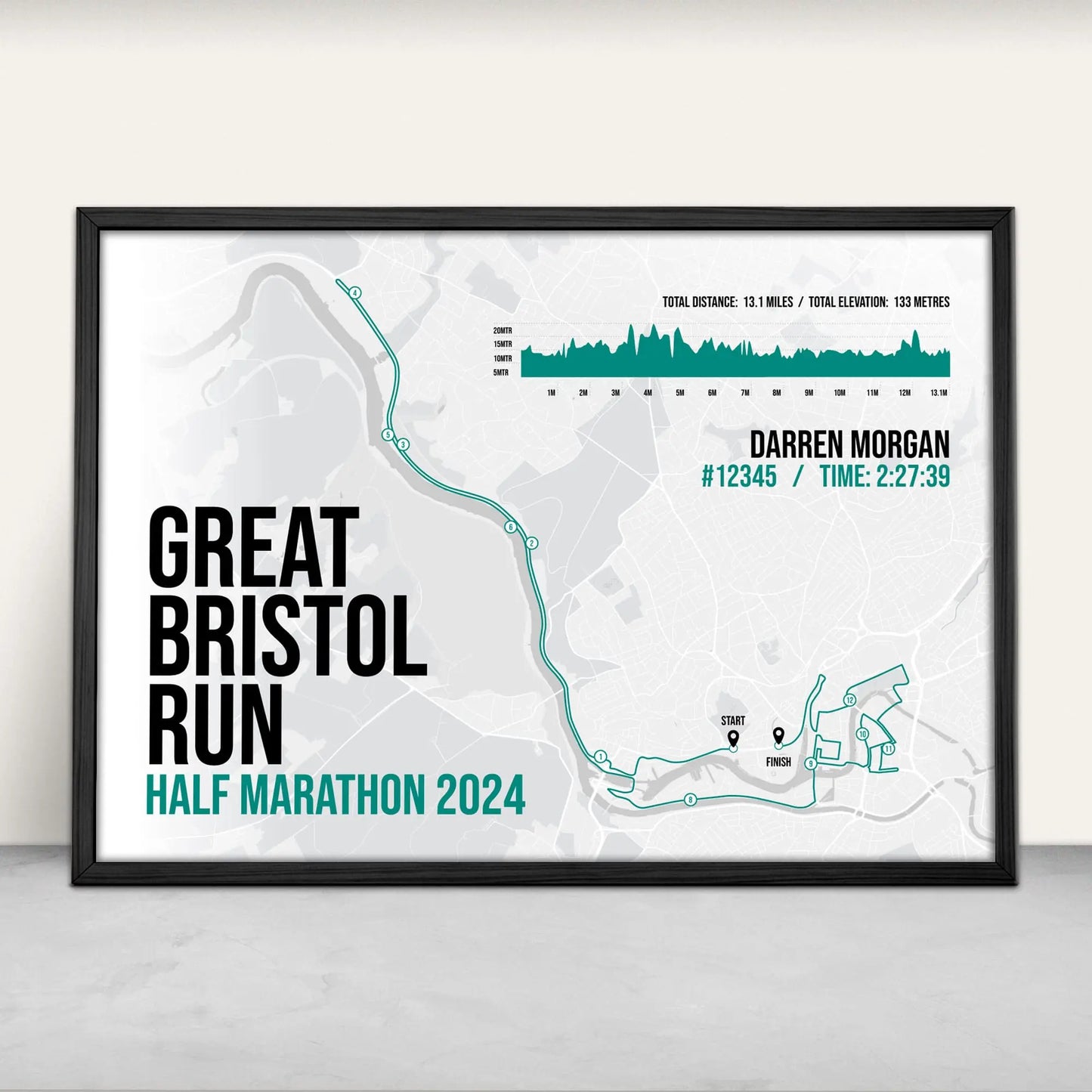 Personalised Great Bristol Run Half Marathon route map and elevation art print in green from Purest Green Prints