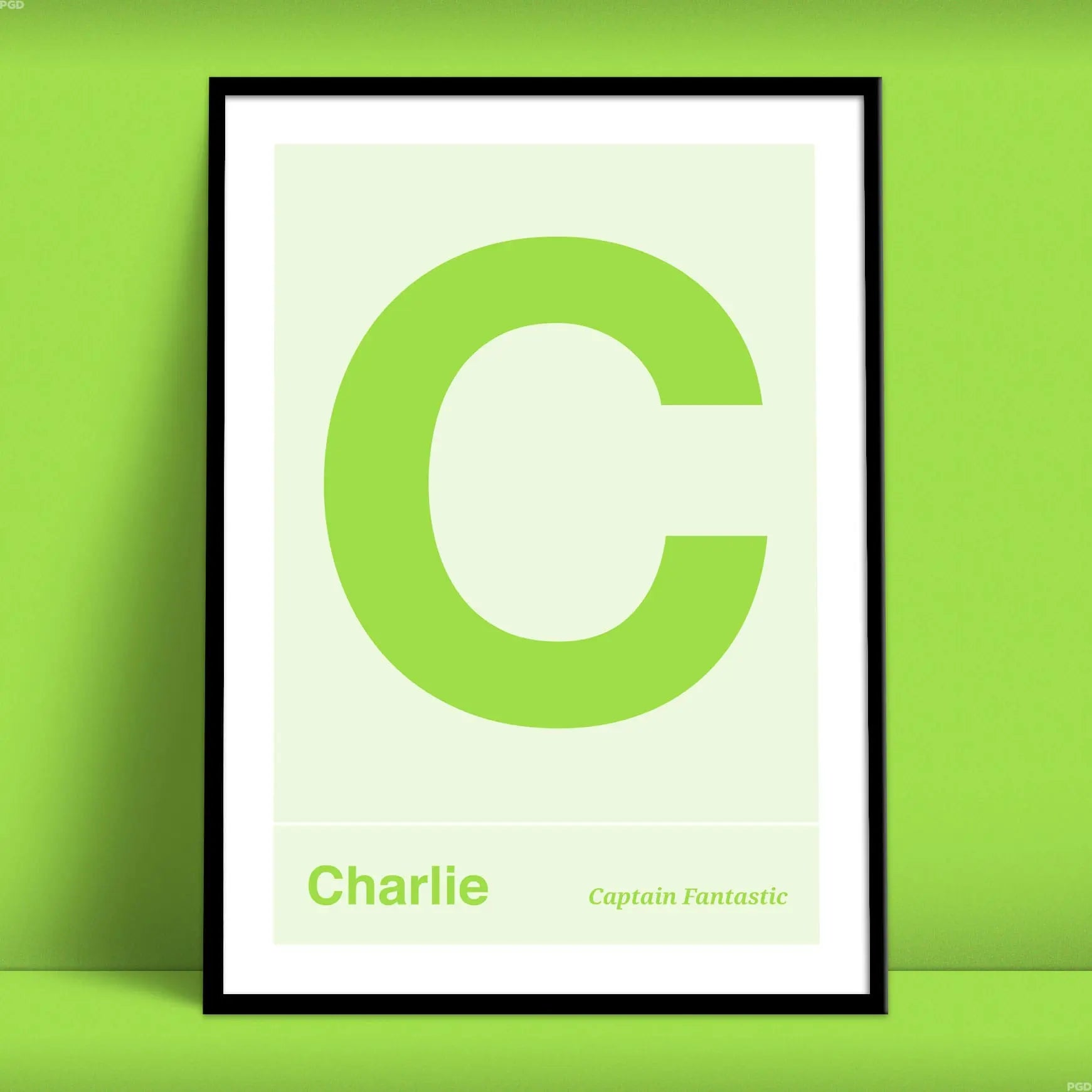 Large name initial print. Green letter on a light green background under which is a name and nickname from Purest Green Prints