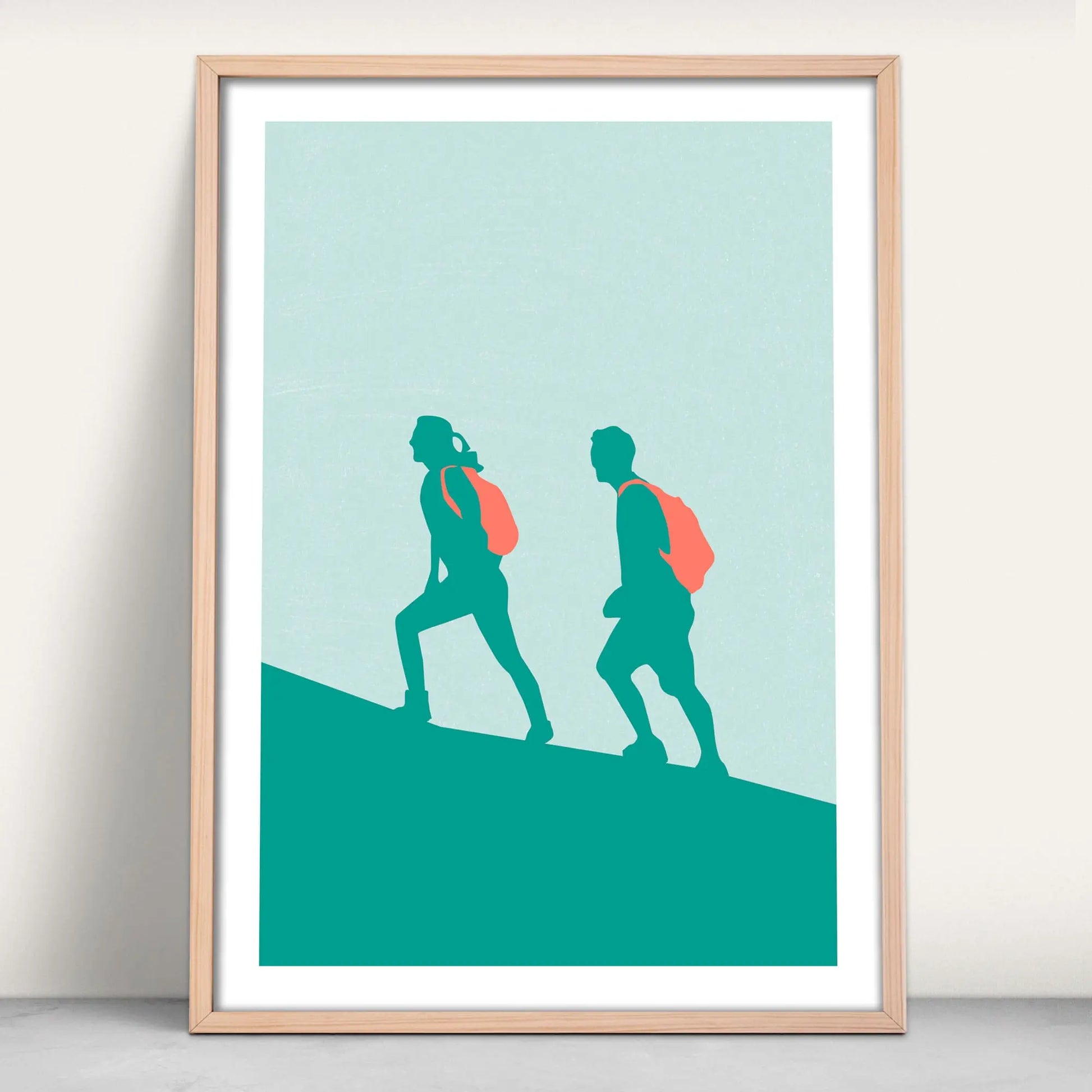 Personalised Couple Hiking Art Print in green and pink from Purest Green Prints.