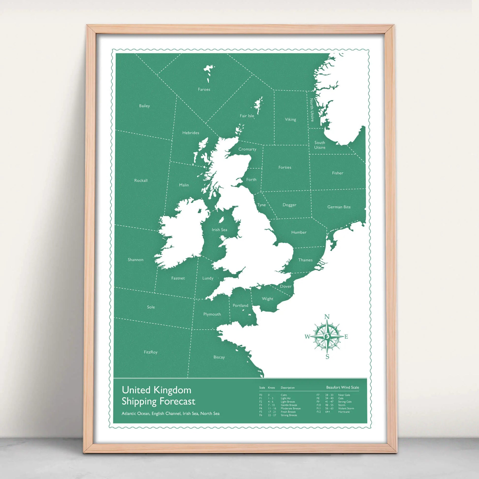 United Kingdom Shipping Forecast Map Art Print in green from Purest Green Prints