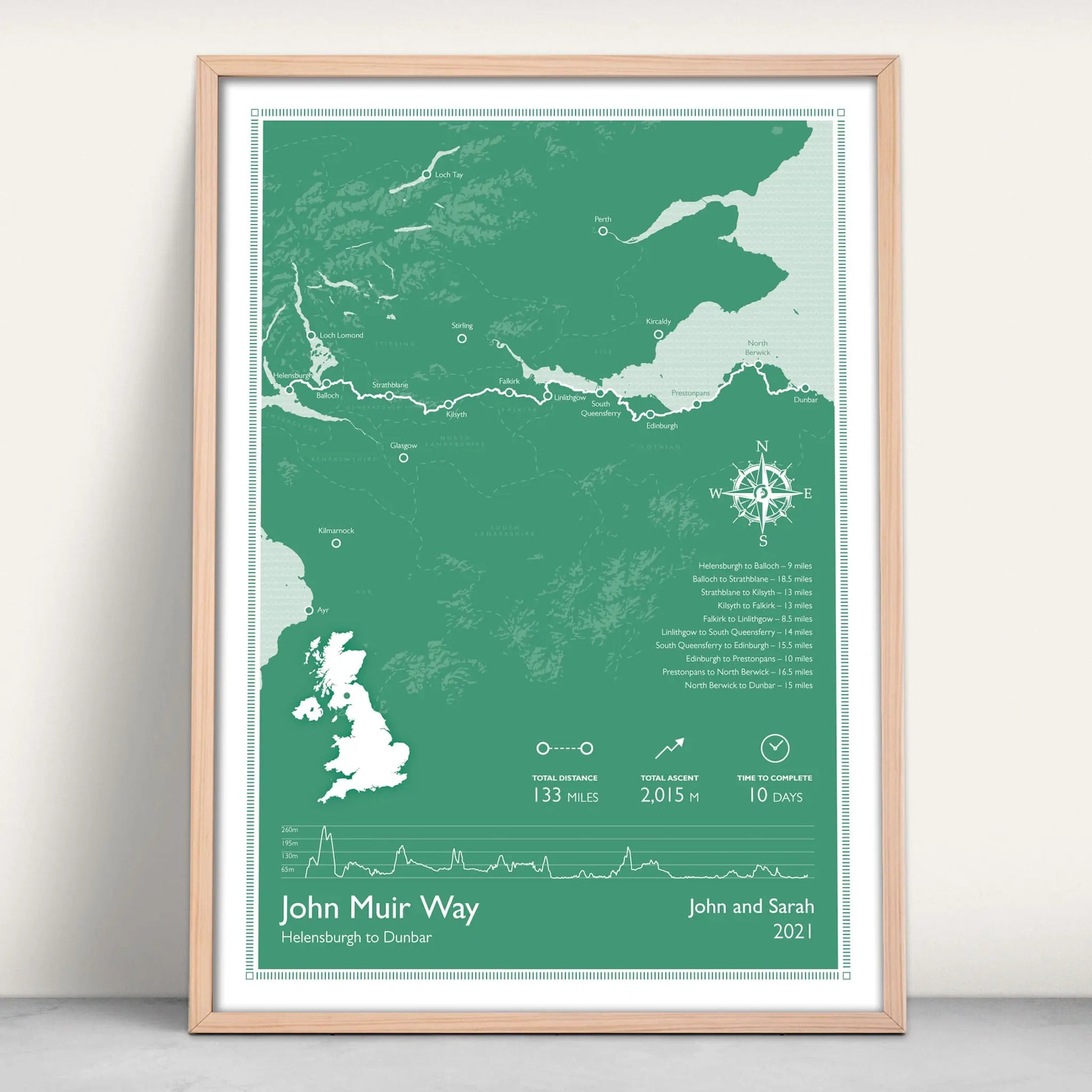 John Muir Way Scotlands Great Trail Personalised Map Art Print in green from Purest Green Prints