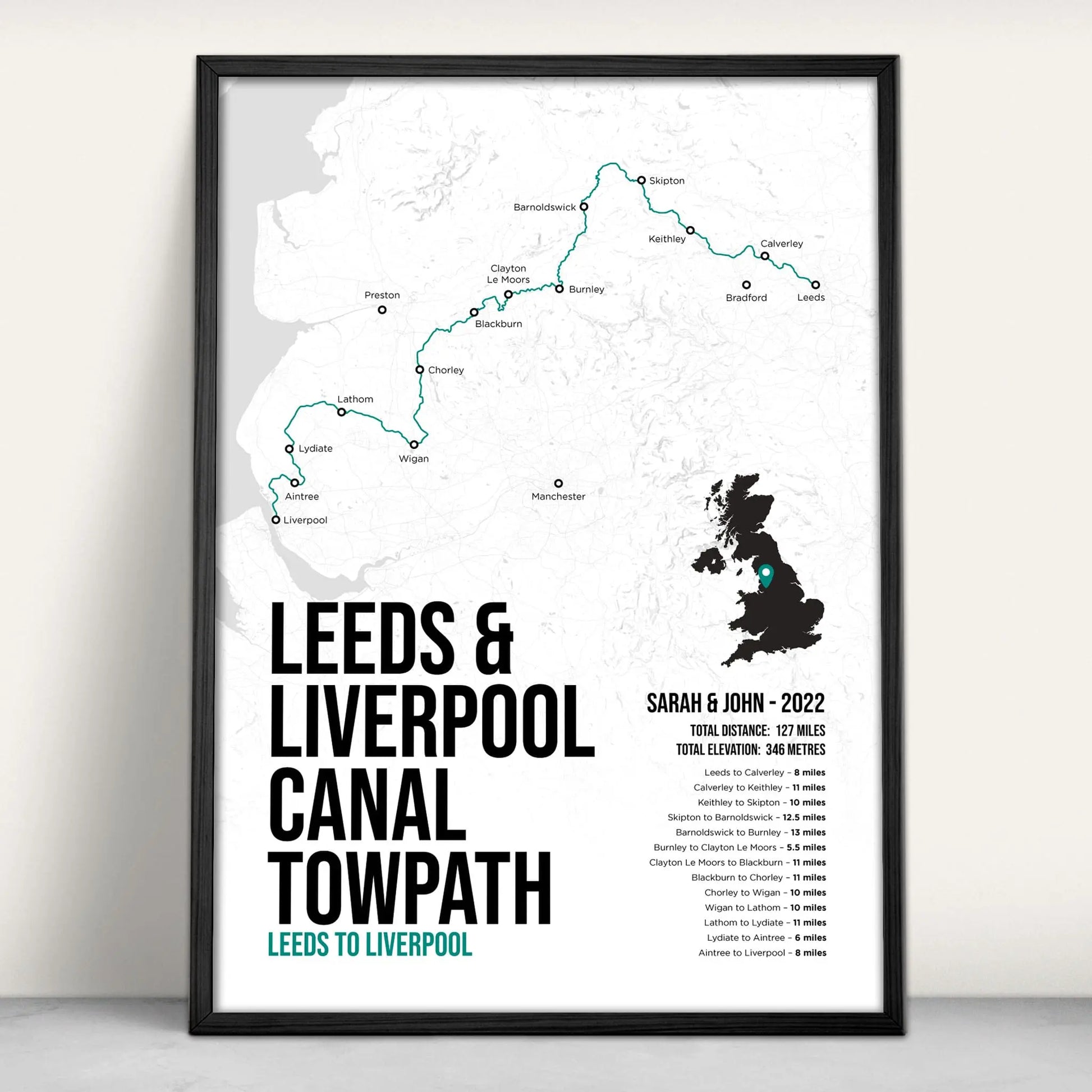 Leeds and Liverpool Canal Towpath Map Art Print in teal from Purest Green Prints