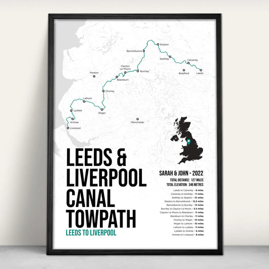 Leeds and Liverpool Canal Towpath Map Art Print in teal from Purest Green Prints