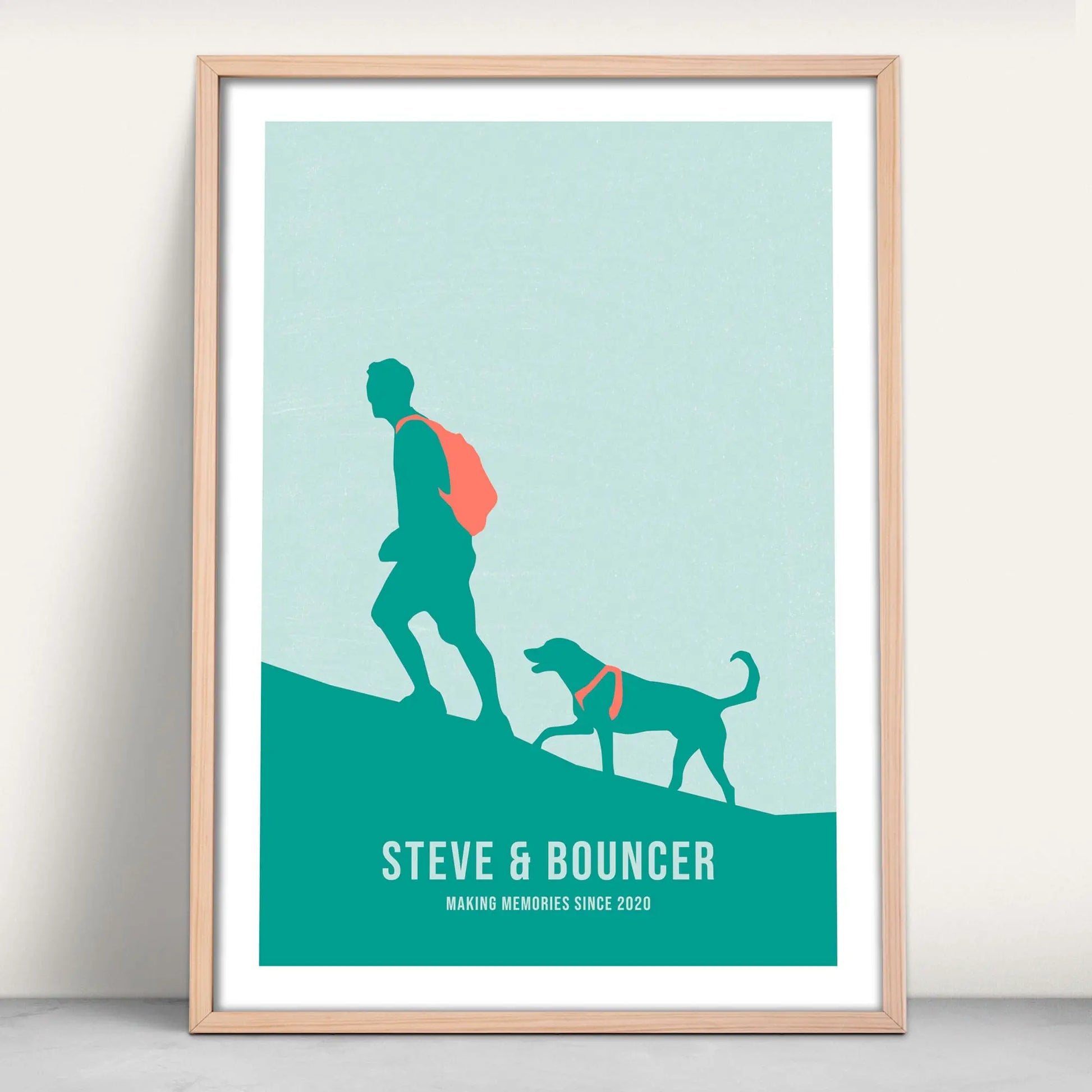 Personalised One Man and his Dog art print in green and pink from Purest Green Prints.