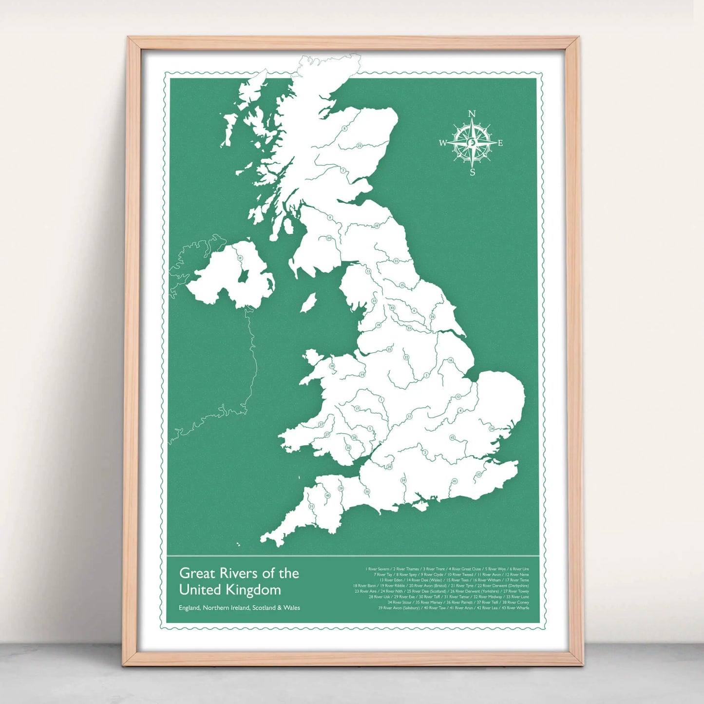 Great Rivers of the United Kingdom Map Art Print in green from Purest Green Prints