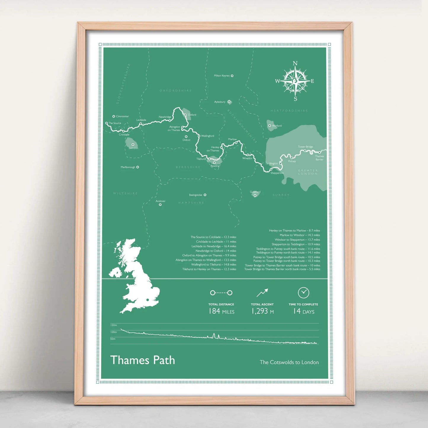 Thames Path National Trail Personalised Map Art Print in green from Purest Green Prints