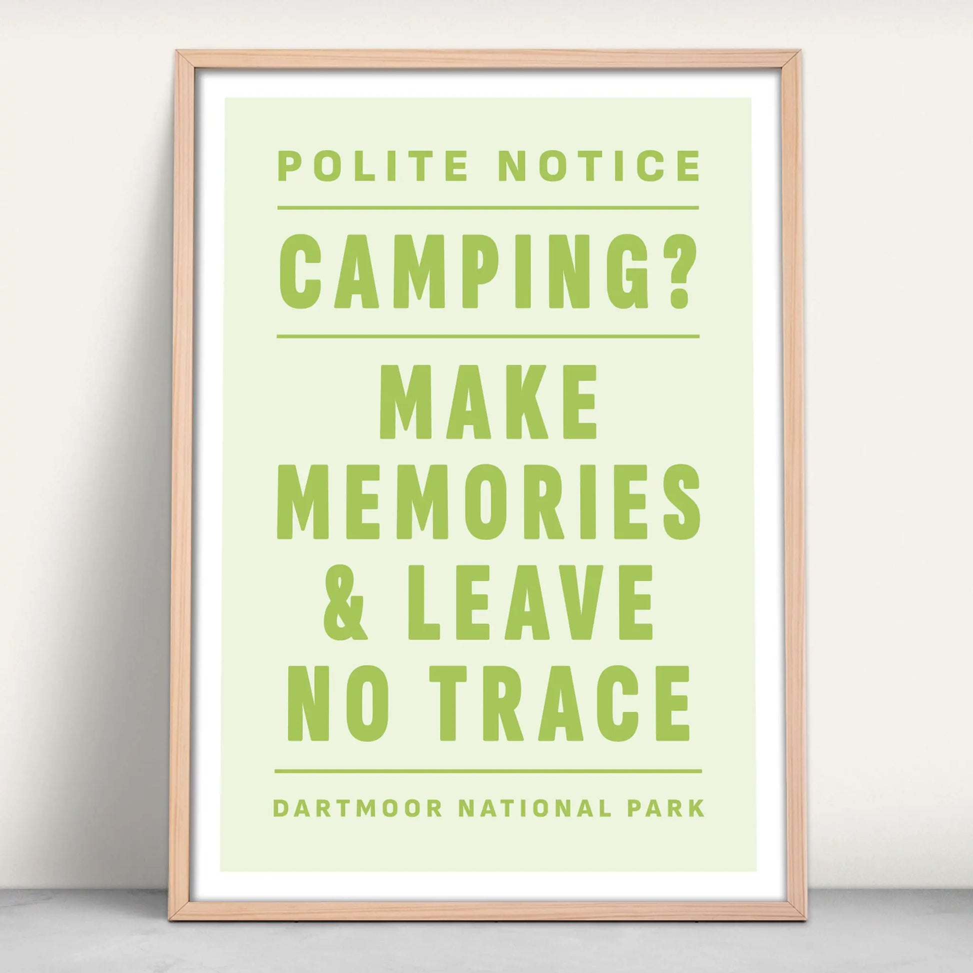 Wild Camping, Make Memories Leave no Trace Art Print on green from Purest Green Prints