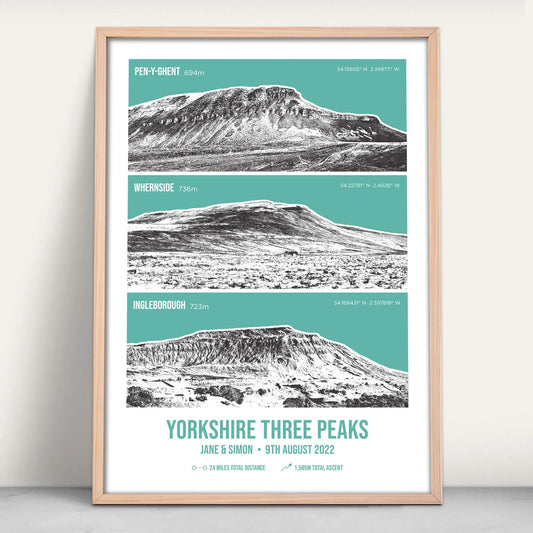 Personalised Yorkshire Three Peak Challenge Art Print in green from Purest Green Prints