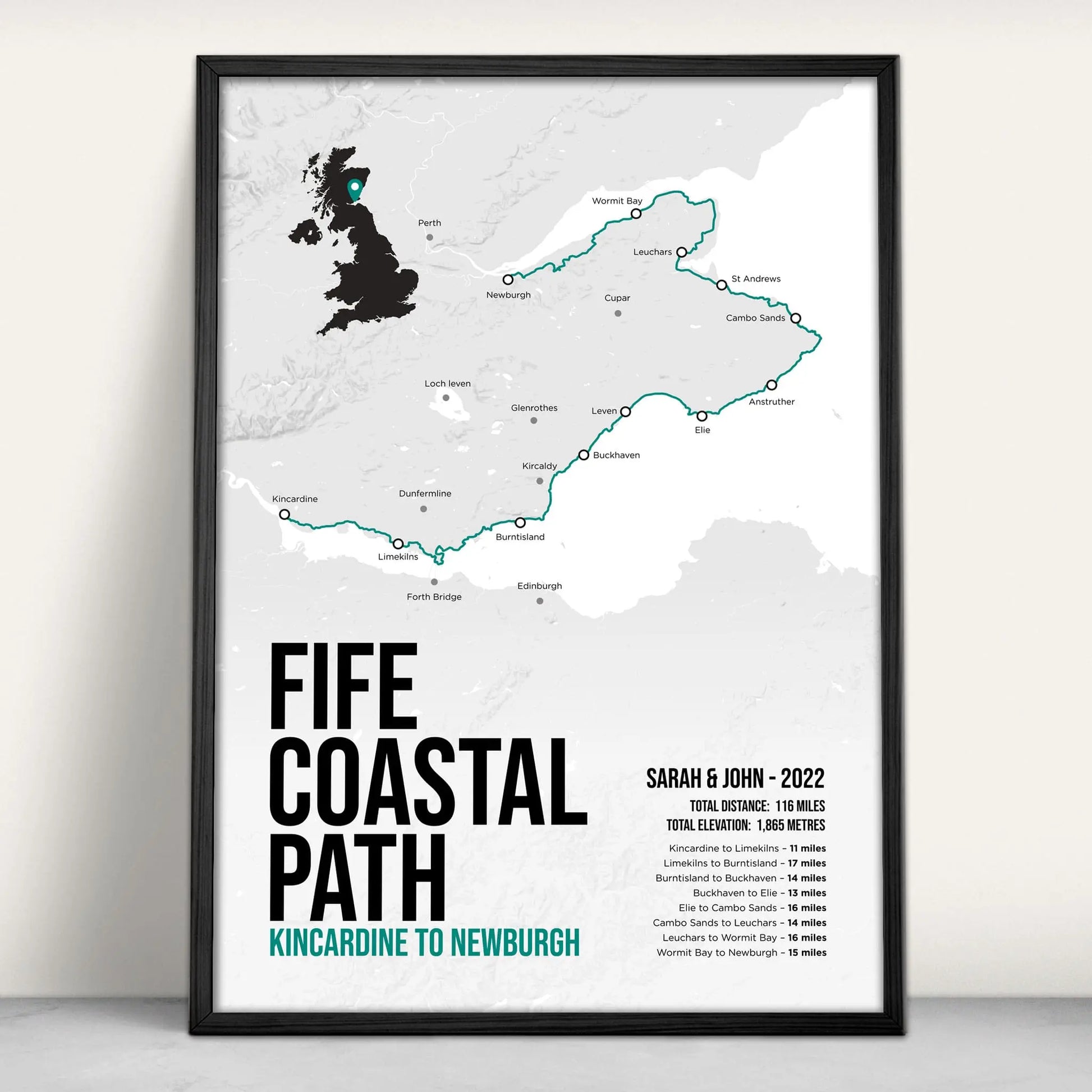 Fife Coastal Path Scottish Trail Map Art Print in teal from Purest Green Prints.