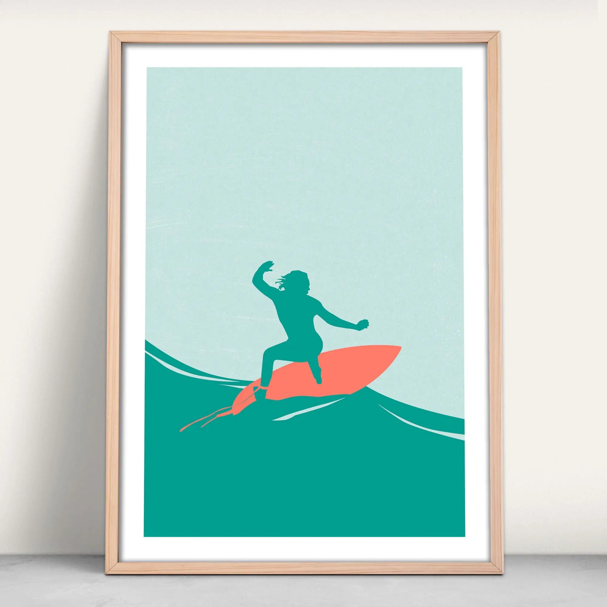 Personalised Surfing Art Print in green and pink from Purest Green Prints.