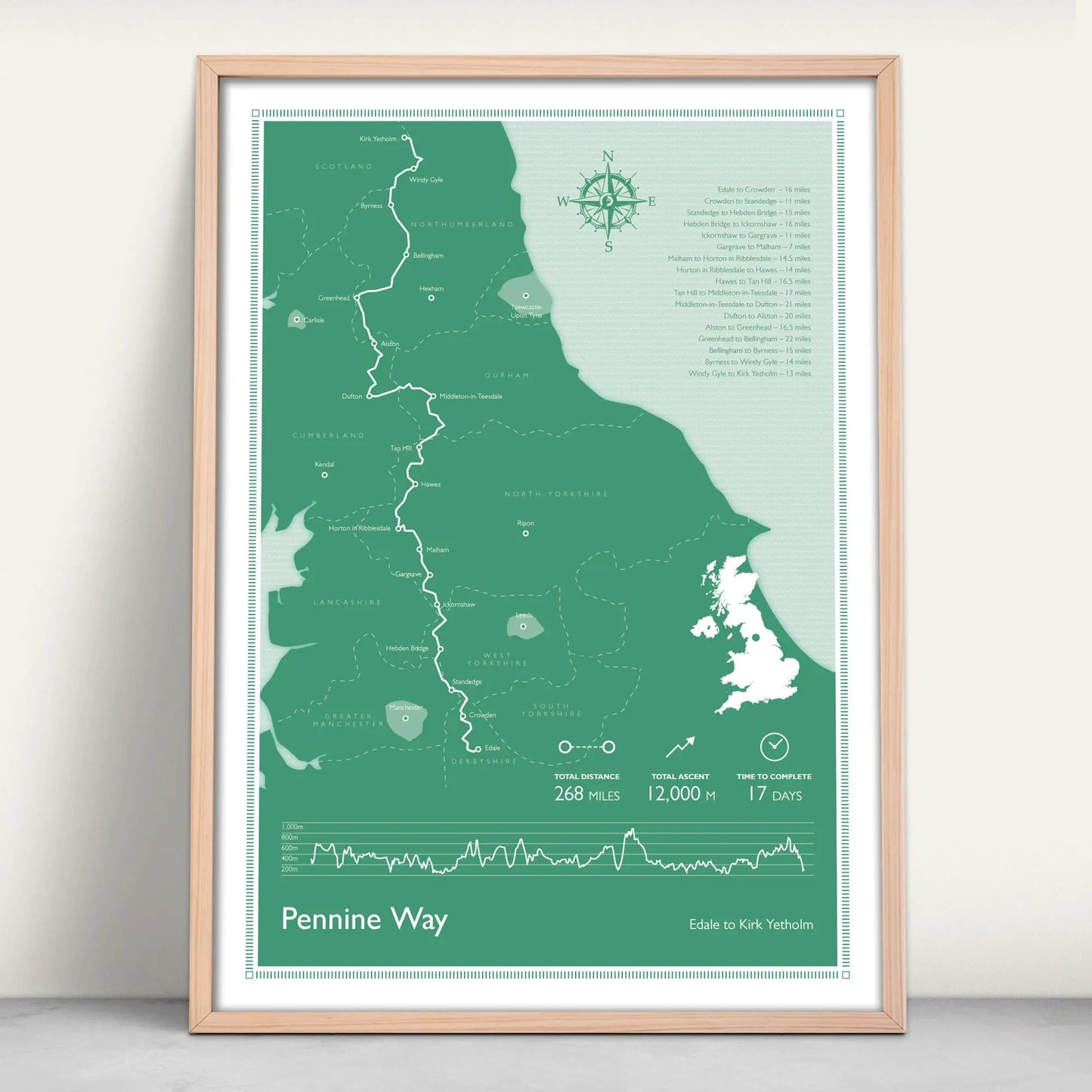 Pennine Way National Trail Personalised Map Art Print in green from Purest Green Prints