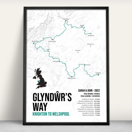 lyndŵr's Way National Trail Map Art Print in teal from Purest Green Prints