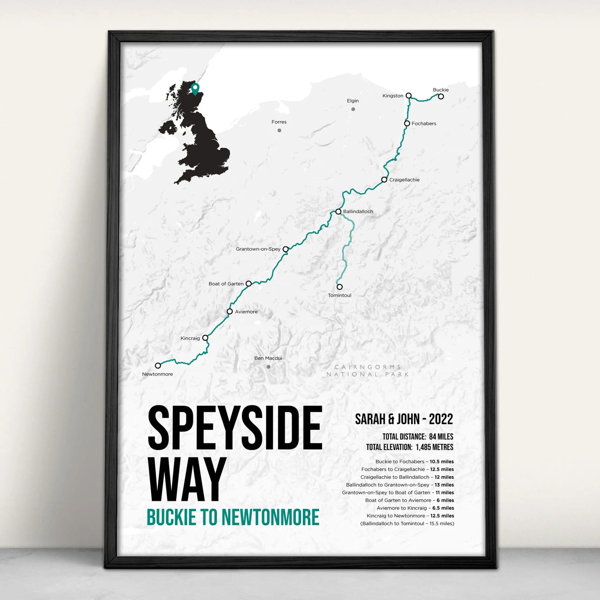 Speyside Way Scottish Trail Map Art Print in teal from Purest Green Prints.