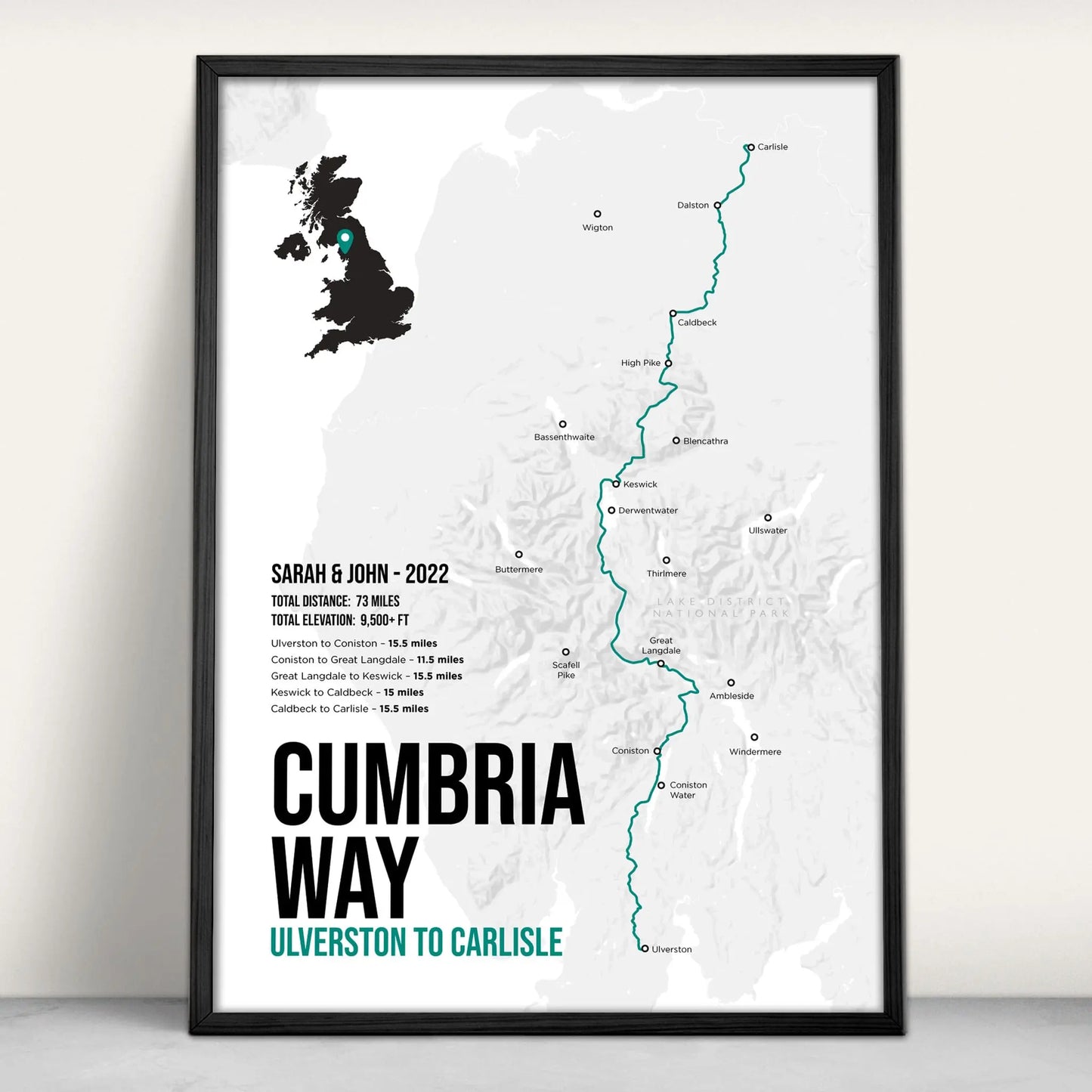 Personalised Cumbria Way Trail Map Art Print in teal from Purest Green Prints