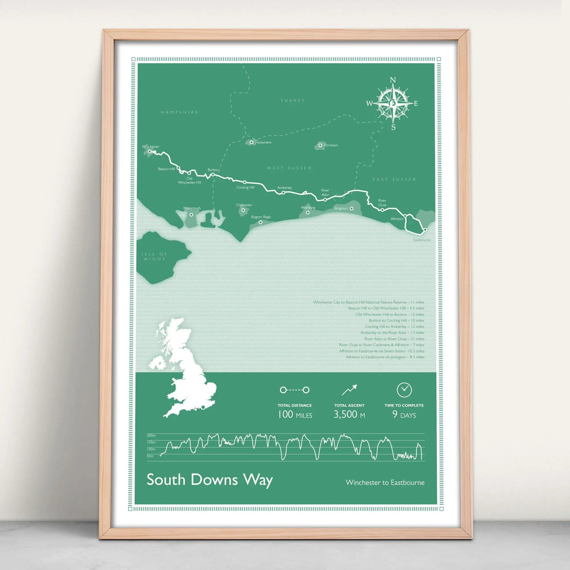 South Downs Way National Trail Map Personalised Art Print in green from Purest Green Prints