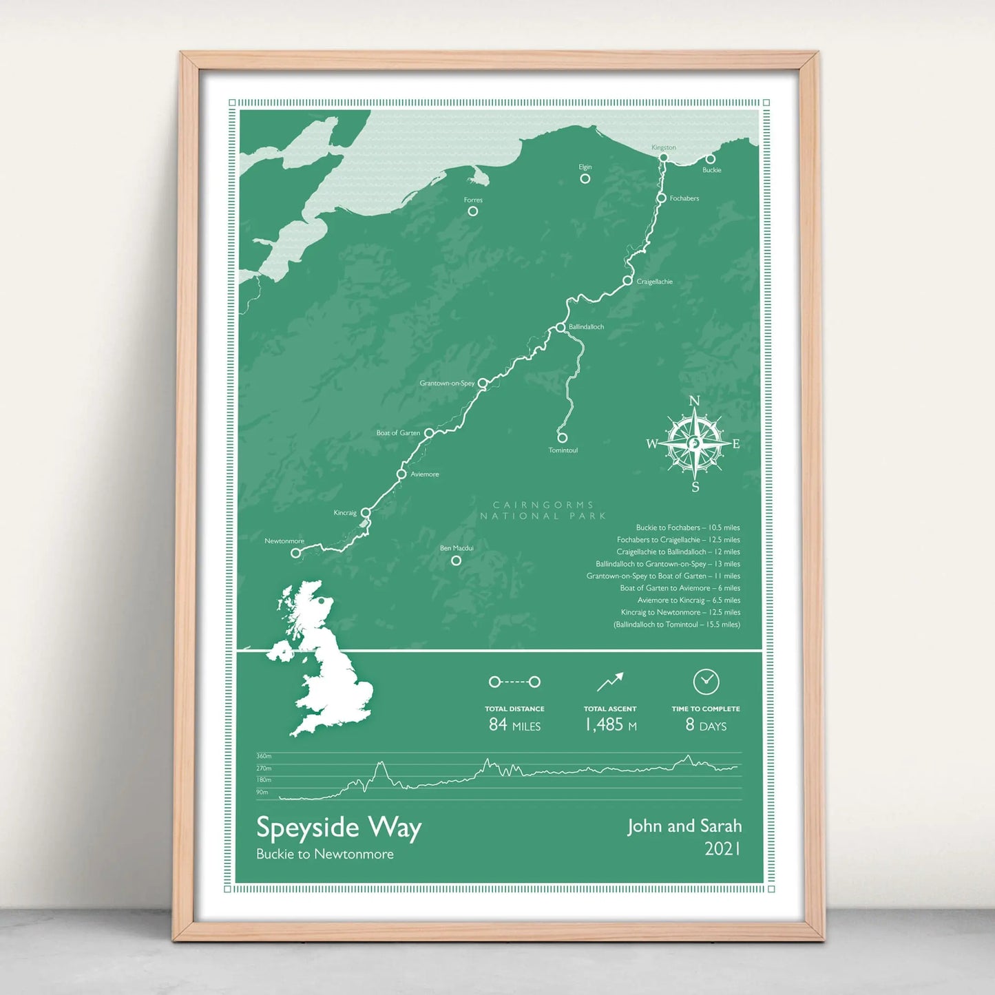 Speyside Way Scotlands Great Trail Personalised Map Art Print in green from Purest Green Prints