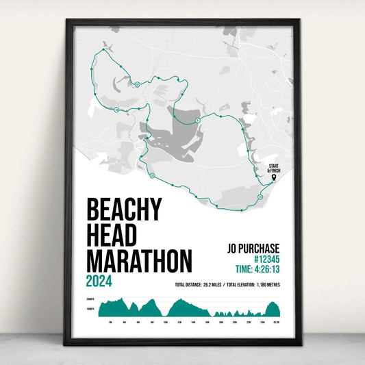 Personalised Beachy Head Marathon route map print in green from Purest Green Prints.