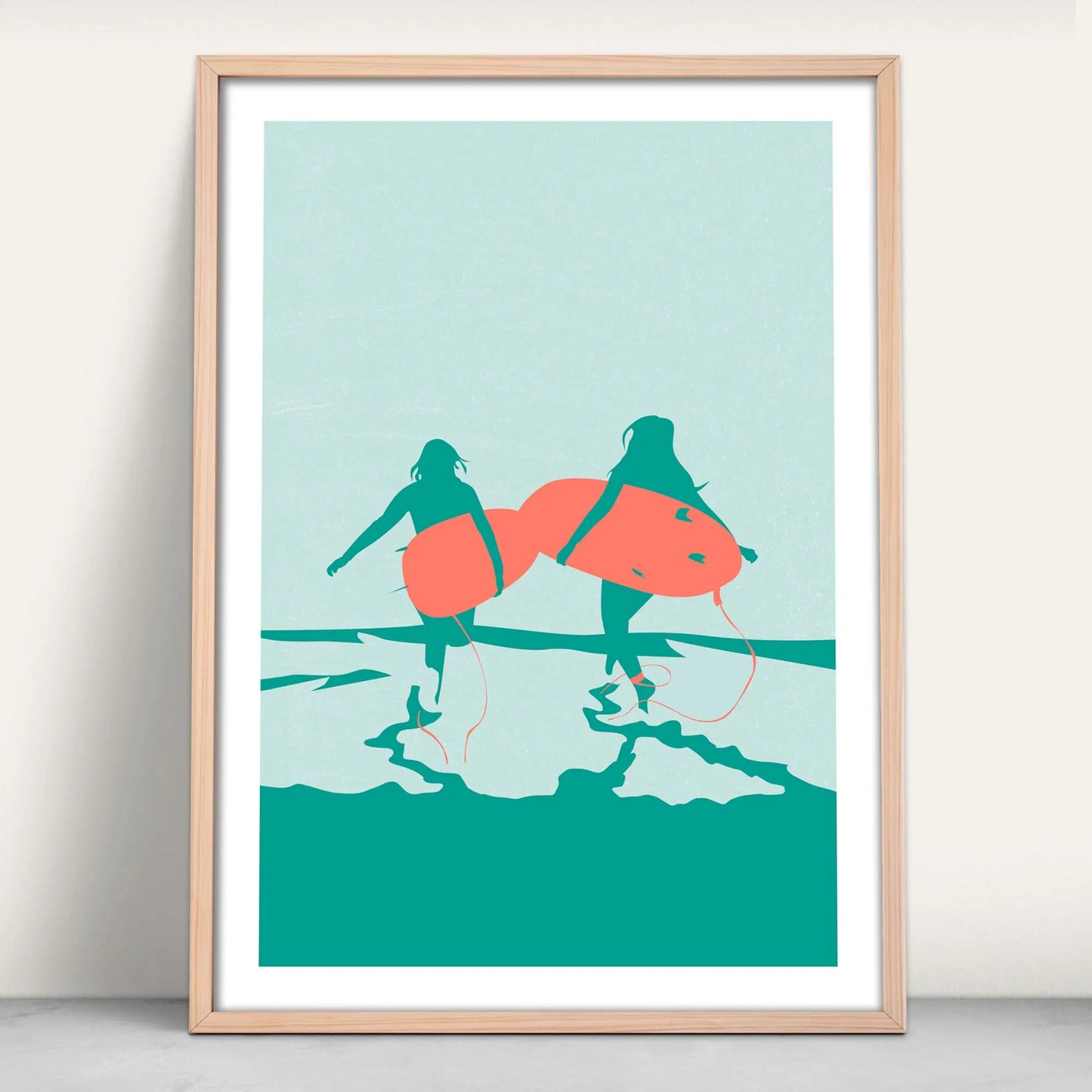 Personalised Surfing Mates Art Print in green and pink from Purest Green Prints.