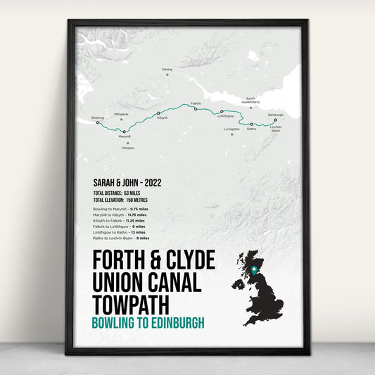 Forth and Clyde Union Canal Towpath Scottish Trail Map Art Print in teal from Purest Green Prints.