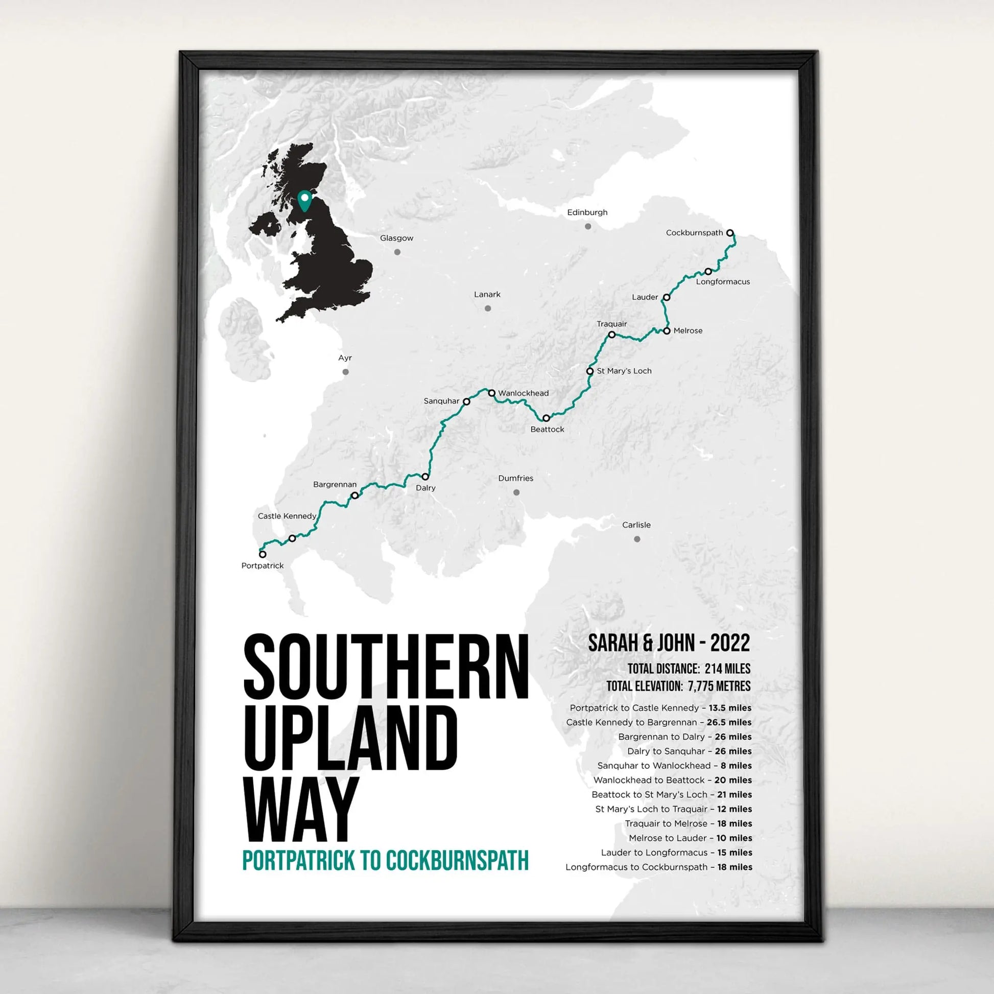 Southern Upland Way Scottish Trail Map Art Print in teal from Purest Green Prints.