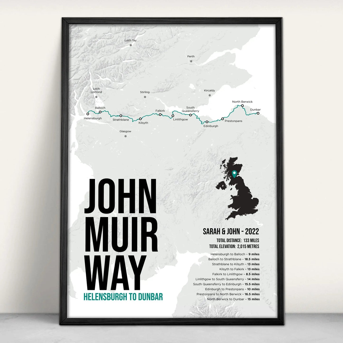 John Muir Way Scottish Trail Map Art Print in teal from Purest Green Prints.