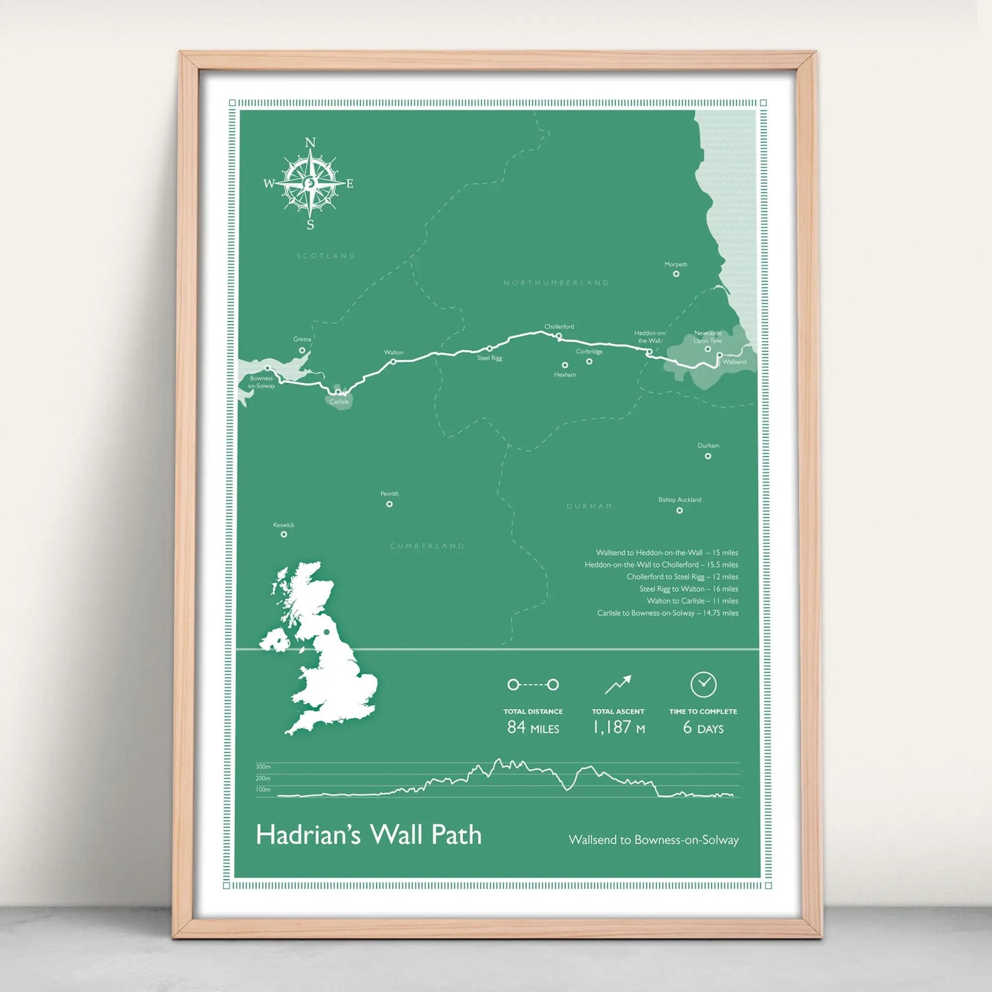 Hadrian's Wall Path National Trail Personalised Map Art Print in green from Purest Green Prints