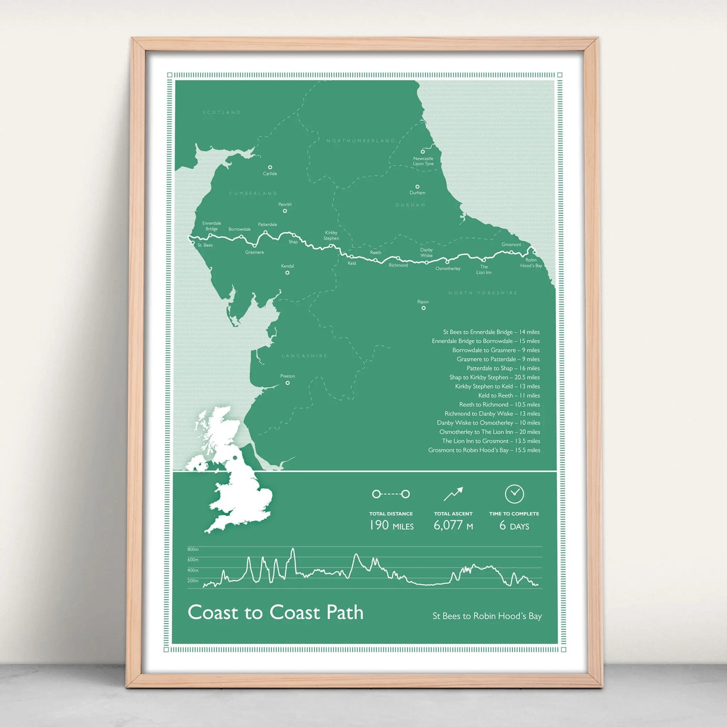 Coast to Coast Path National Trail Personalised Map Art Print in green from Purest Green Prints