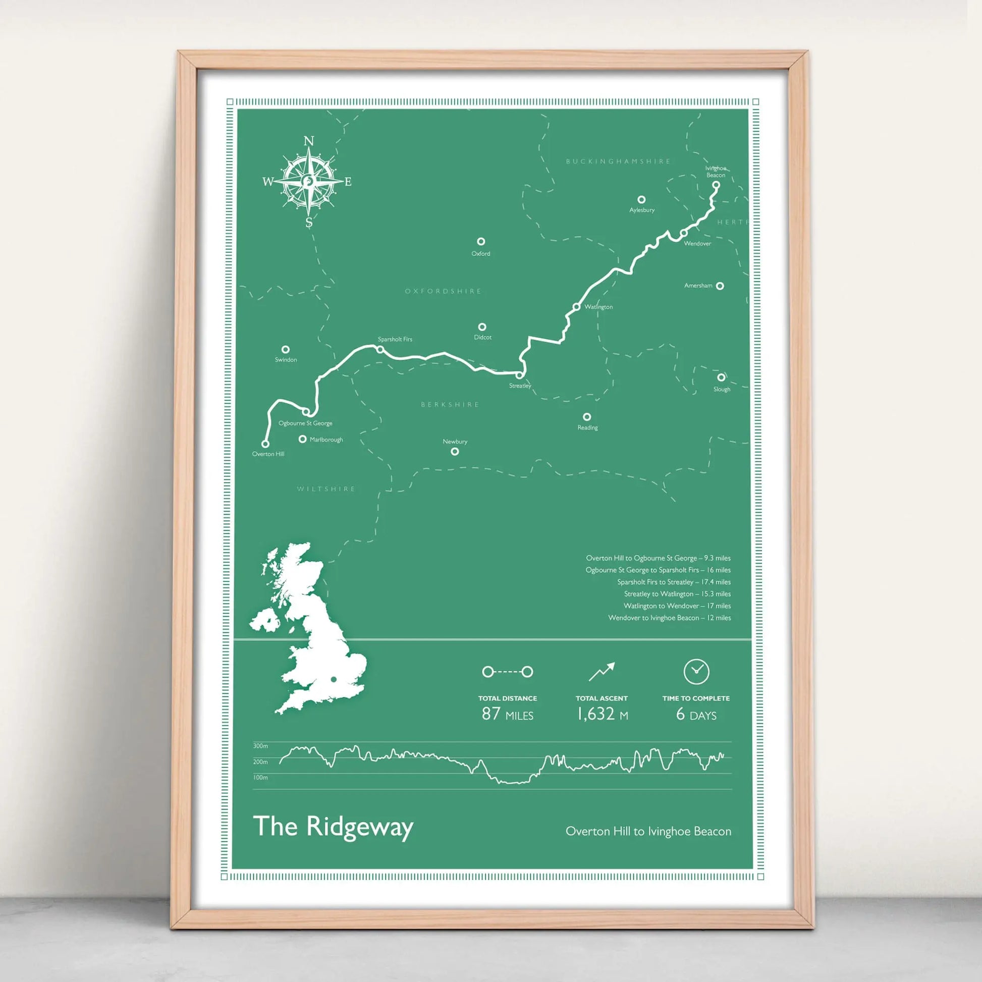 The Ridgeway National Trail Personalised Map Art Print in green from Purest Green Prints