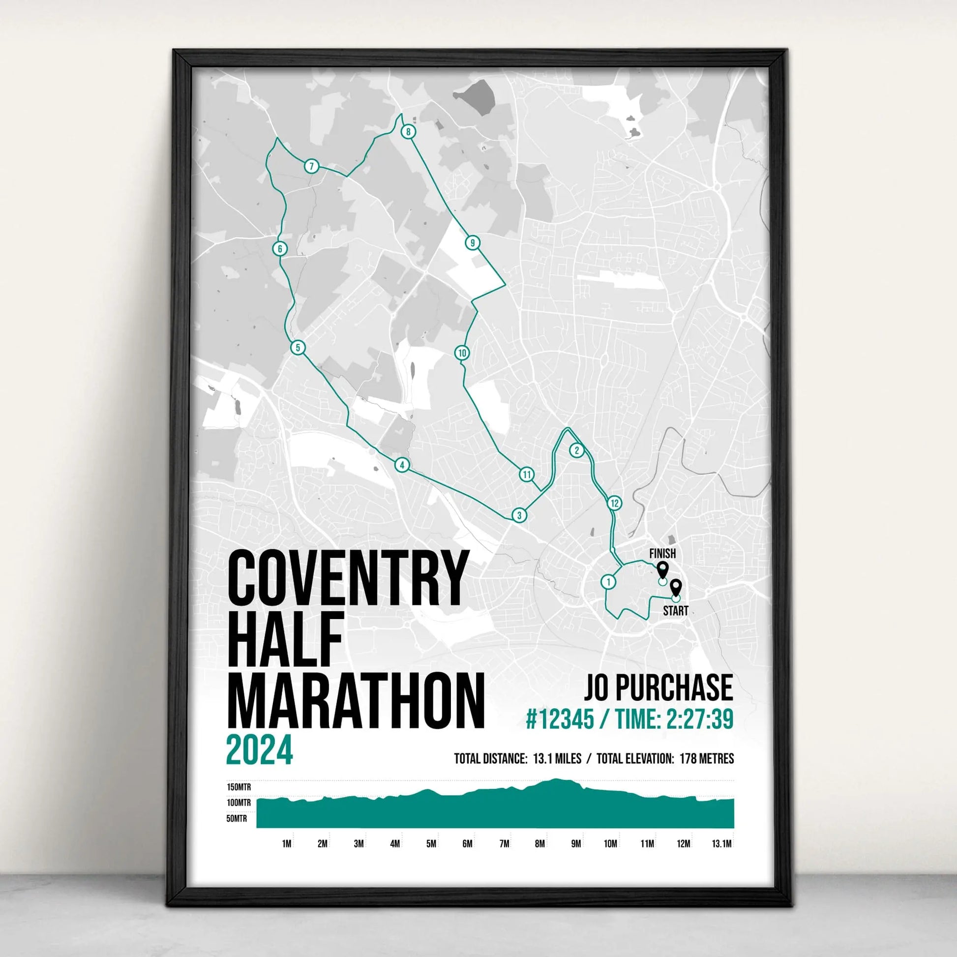 Personalised Coventry Half Marathon Art Print in green from Purest Green Prints.