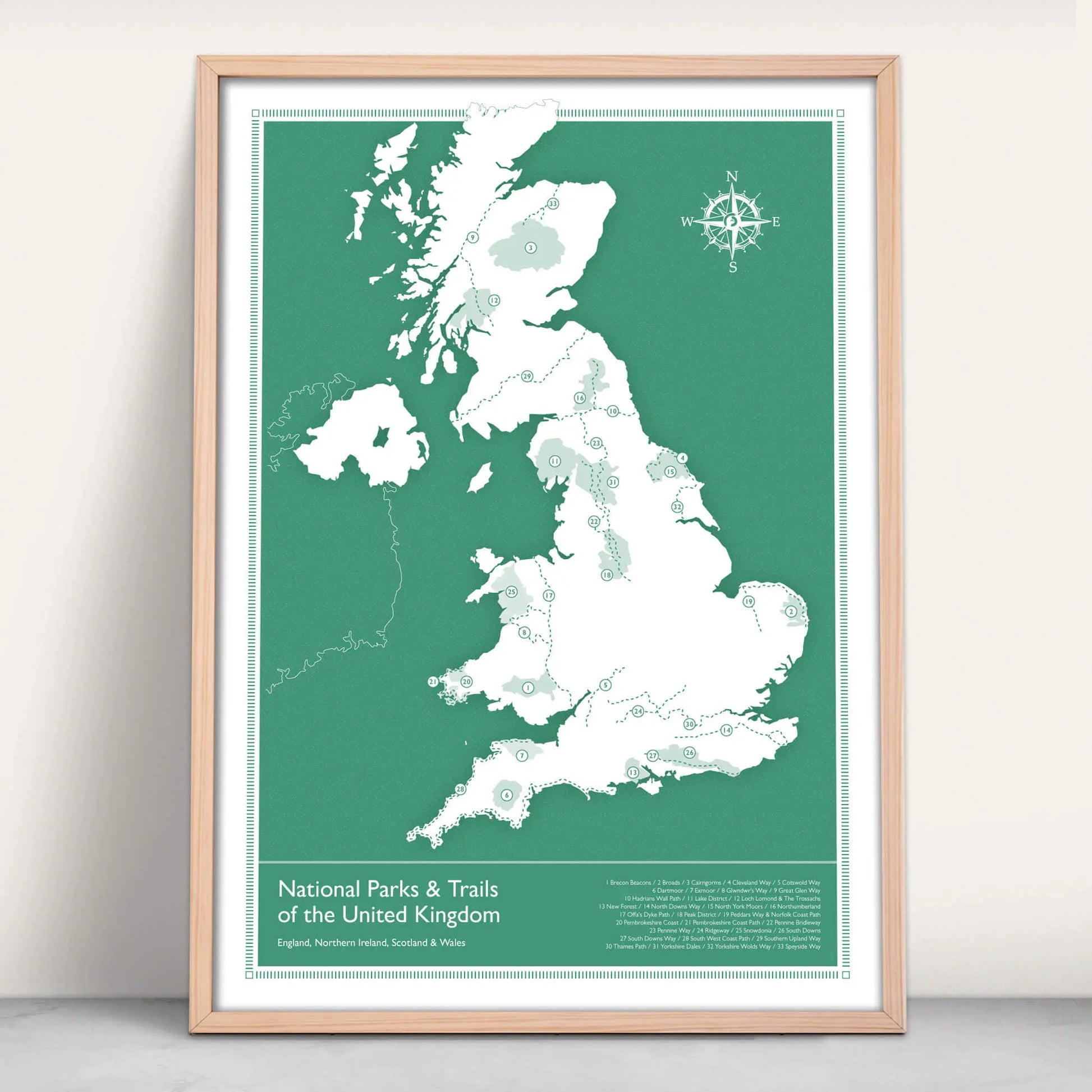 UK National Parks and Trails Map Art Print in green from Purest Green Prints