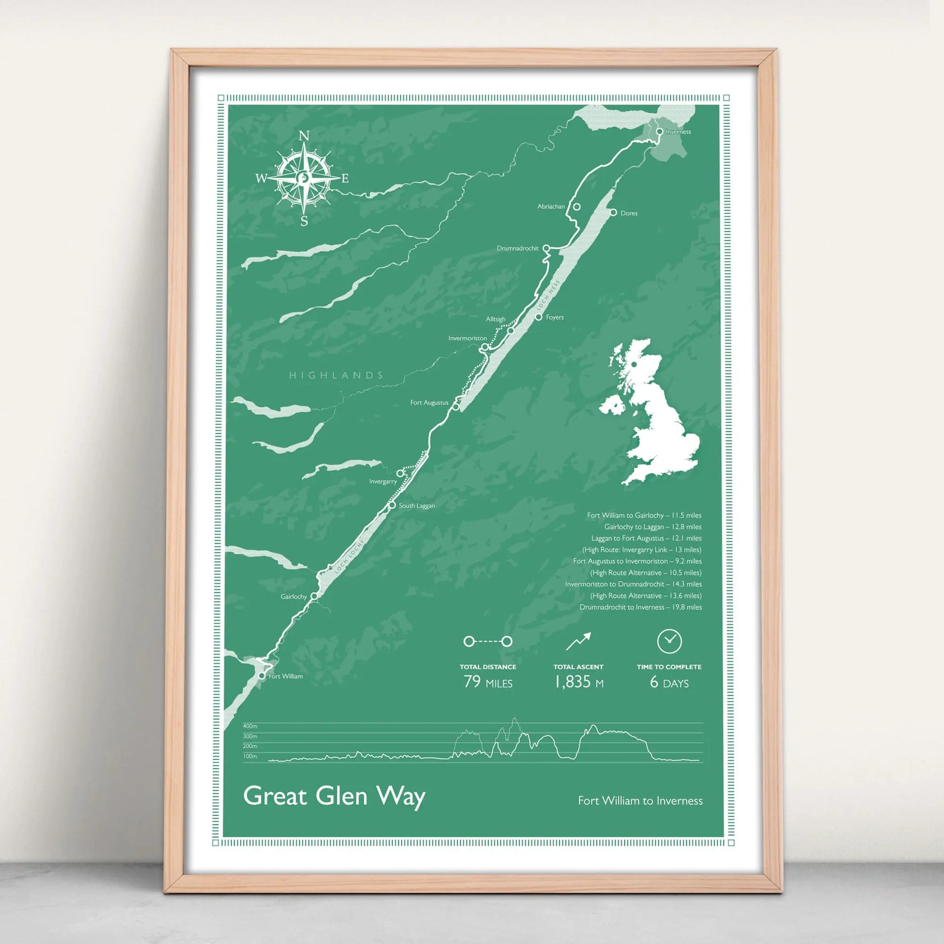 Great Glen Way Scottish Great Trail personalised art print in green from Purest Green Prints