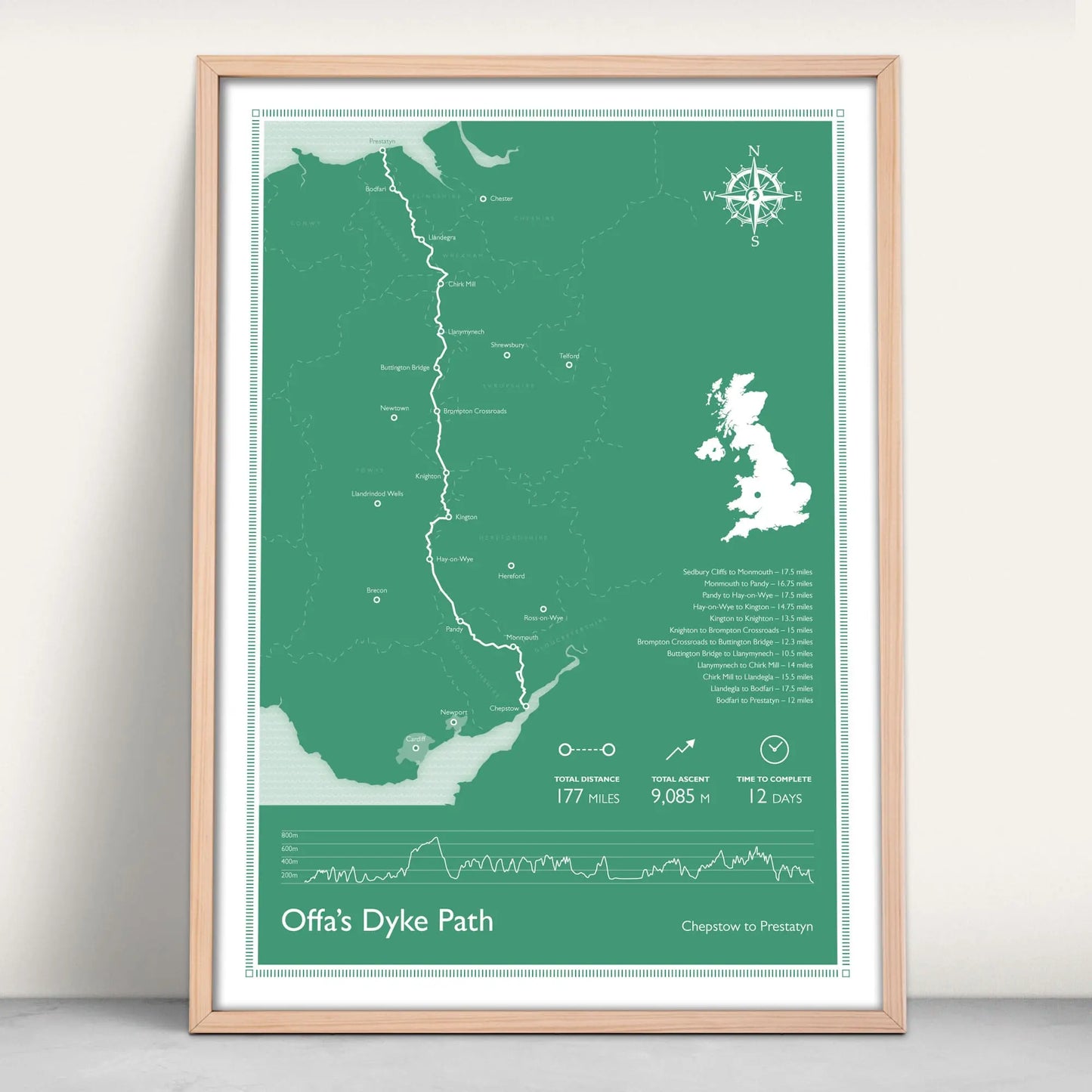 Offa's Dyke Path National Trail Personalised Map Art Print in green from Purest Green Prints