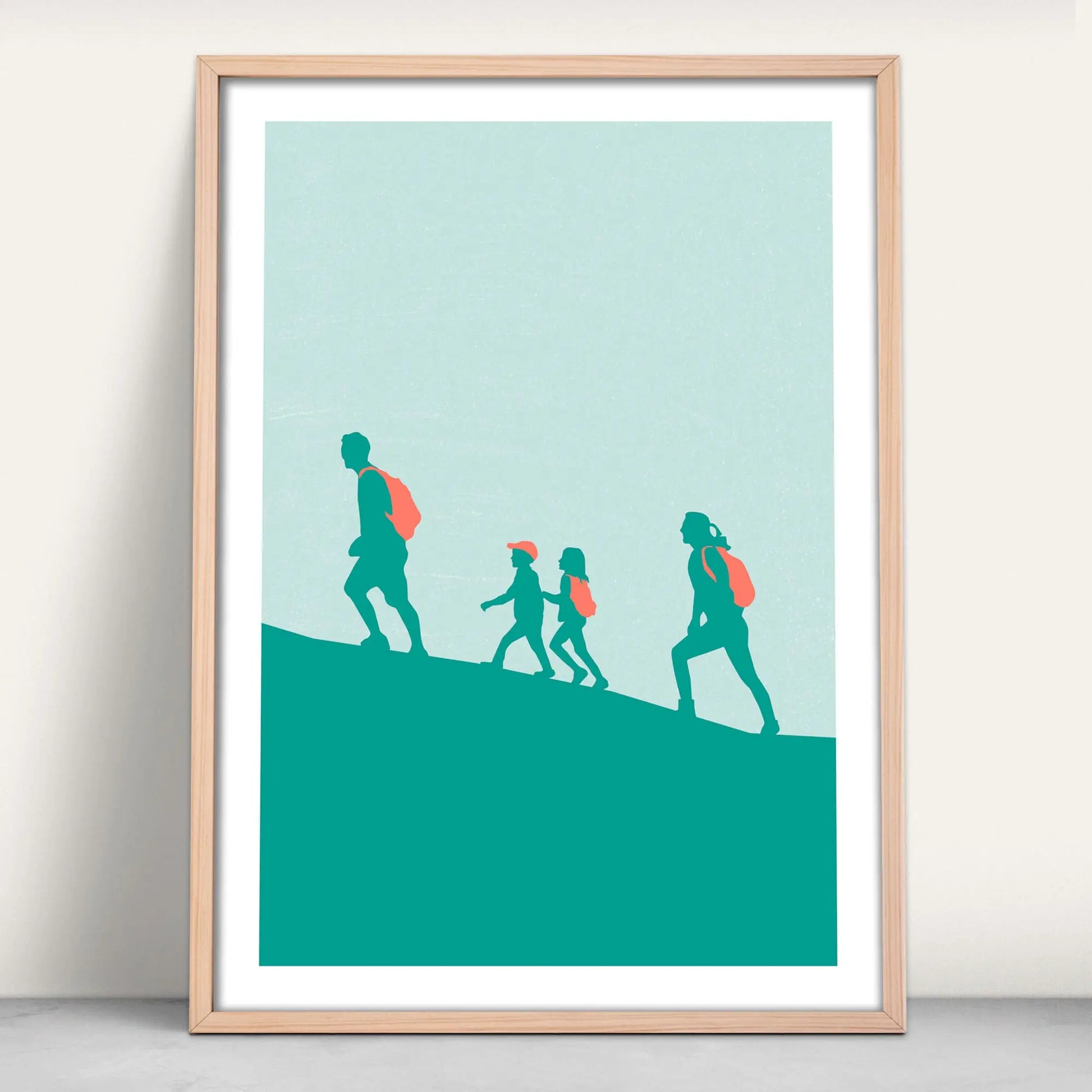 Personalised Family Portrait Hiking art print in green and pink from Purest Green Prints.