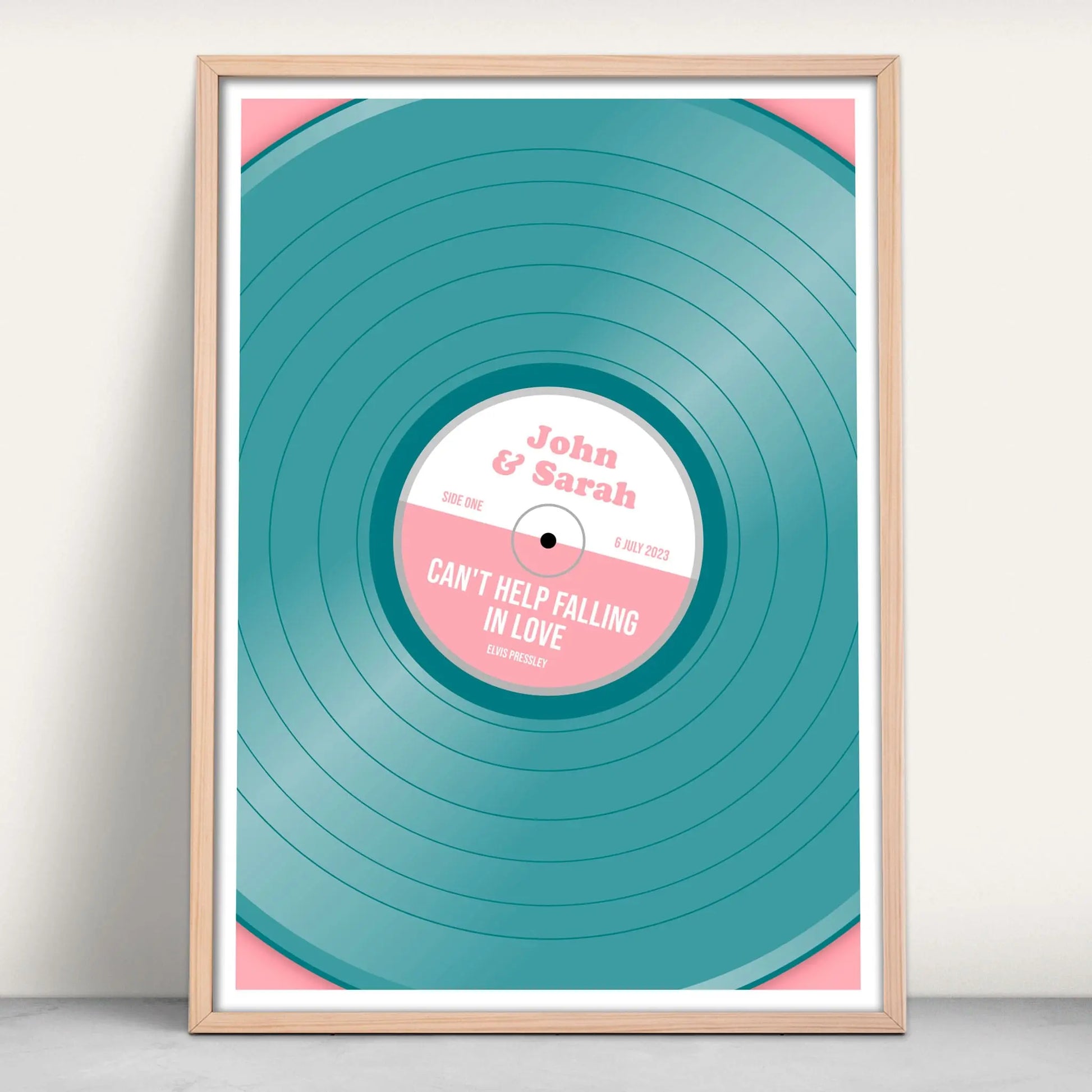 Vinyl Record Music Personalised Art Print in green and pink from Purest Green Prints